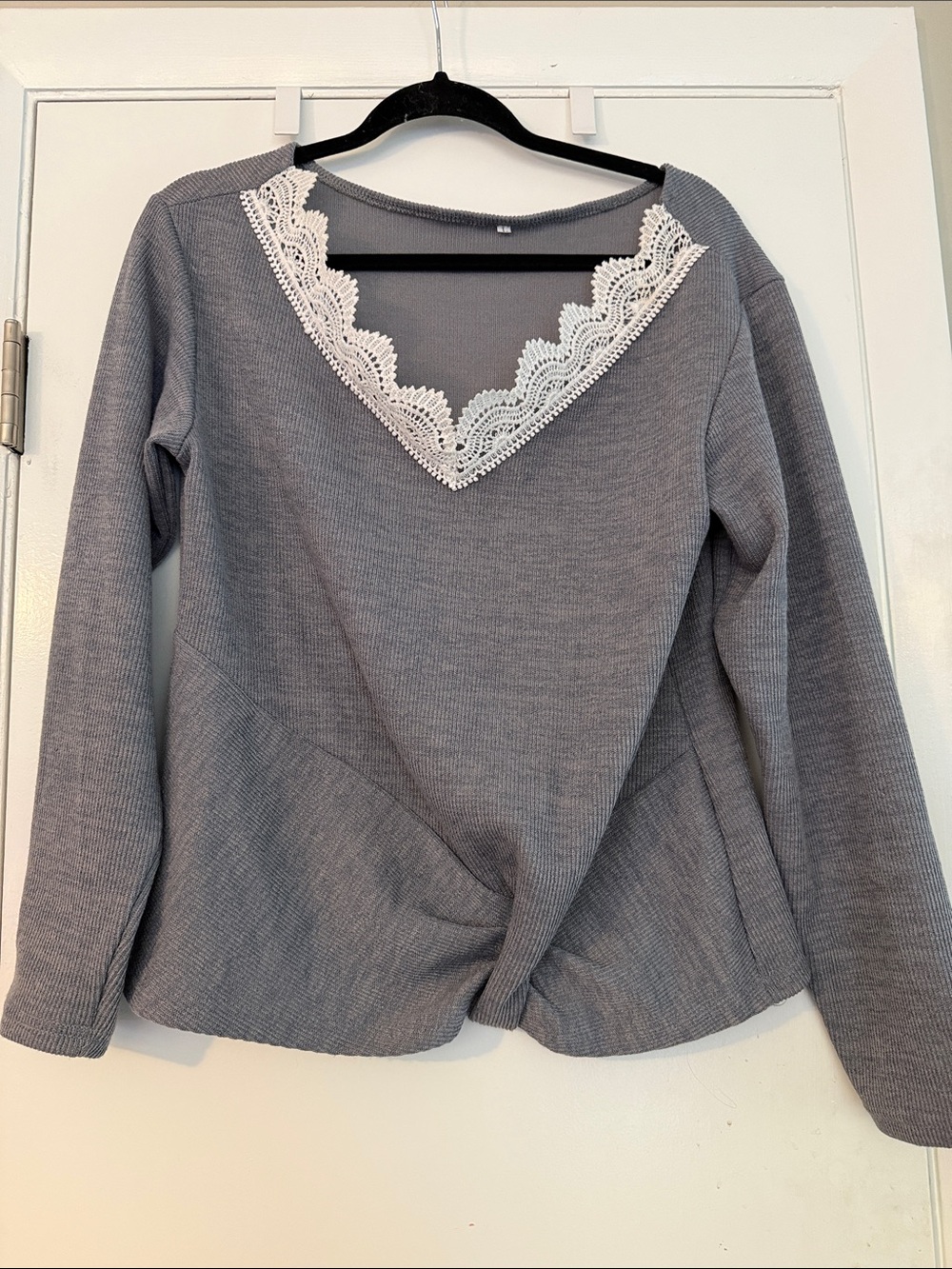 Women's Gray Lace-Trim V-Neck Knit Top